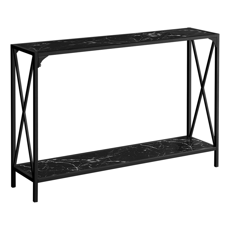 Pemberly Row 2-Tier Console Table with X-Frame in Black Marble Look