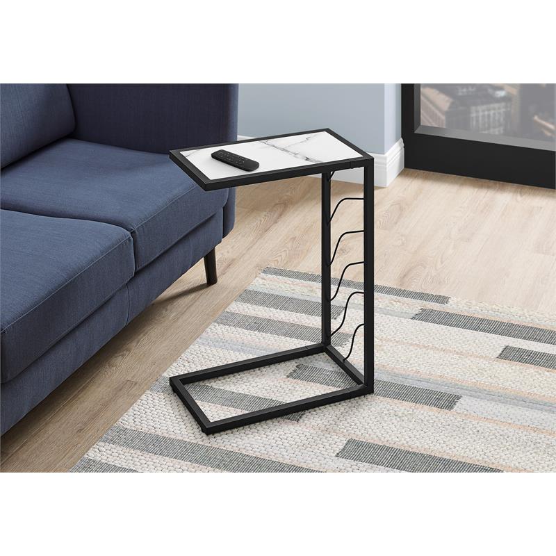 Pemberly Row C-Shaped Accent Table with Wave Frame in White Marble Look