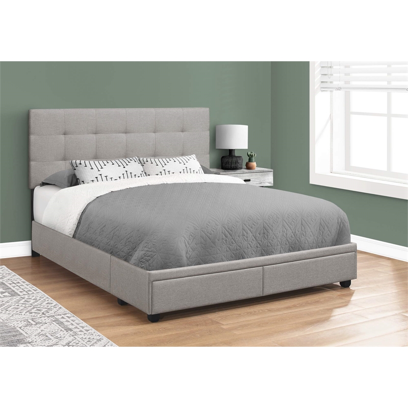 Pemberly Row Queen Platform Bed with 2 Storage Drawers in Grey Linen