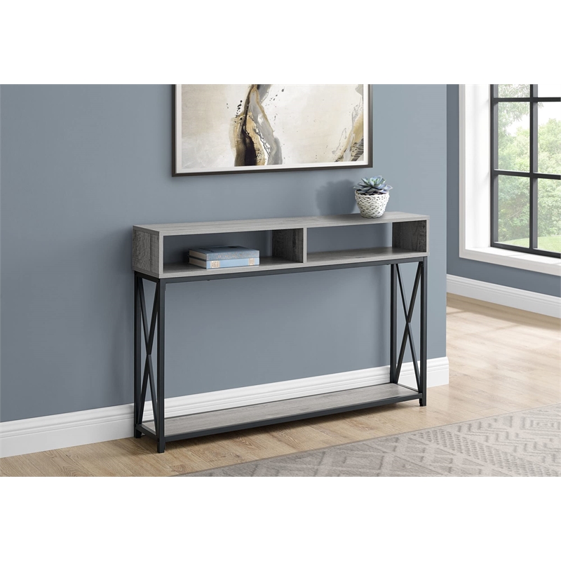 Pemberly Row Console Table with X-Frame and 2 Shelves in Gray Wash