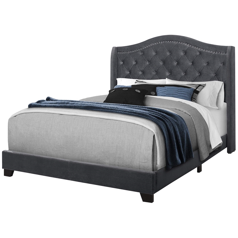 Pemberly Row Queen Wingback Bed with Nailhead Trim in Dark Grey Velvet