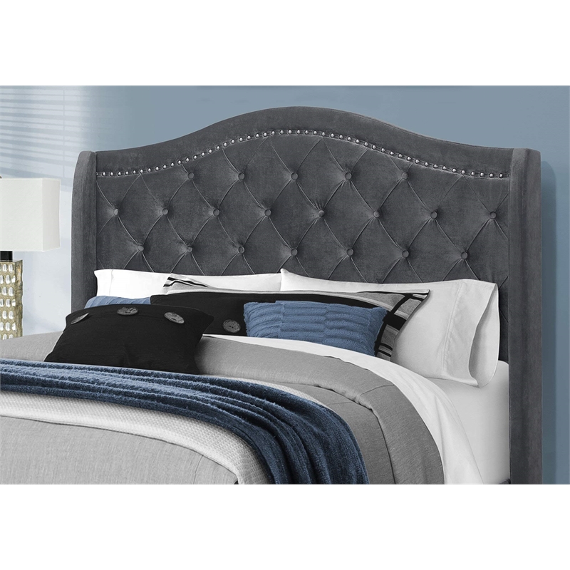 Pemberly Row Queen Wingback Bed with Nailhead Trim in Dark Grey Velvet