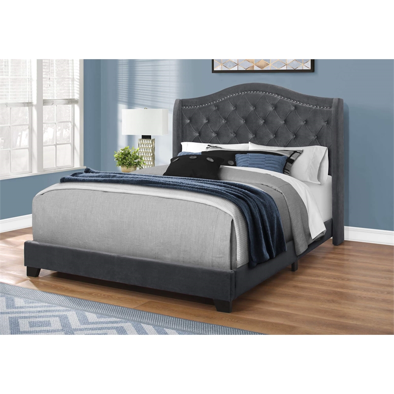 Pemberly Row Queen Wingback Bed with Nailhead Trim in Dark Grey Velvet