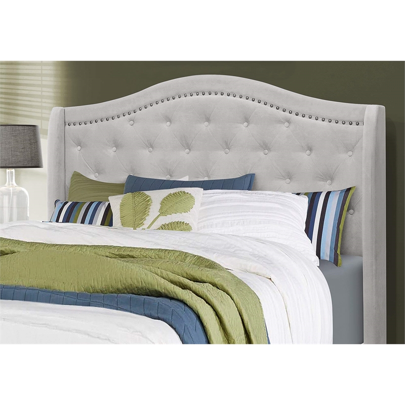 Pemberly Row Queen Wingback Bed with Nailhead Trim in Light Gray Velvet