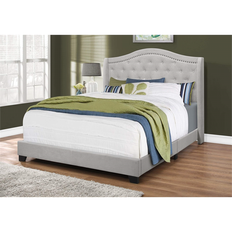 Pemberly Row Queen Wingback Bed with Nailhead Trim in Light Gray Velvet