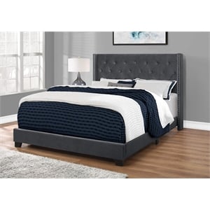Pemberly Row Queen Wingback Bed with Chrome Nailhead in Dark Gray Velvet