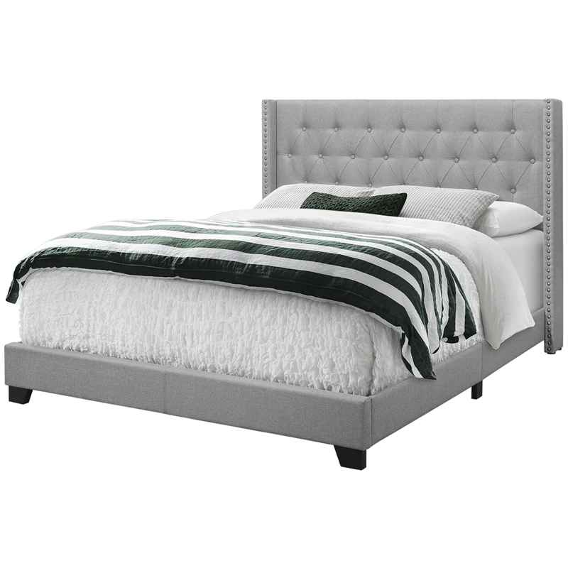 Pemberly Row Queen Wingback Bed with Chrome Nailhead in Grey Linen Look