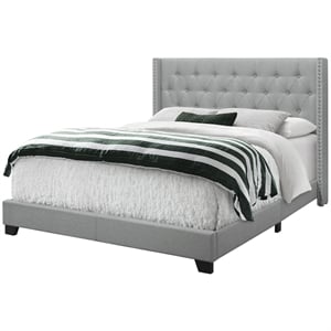 Pemberly Row Queen Wingback Bed with Chrome Nailhead in Grey Linen Look