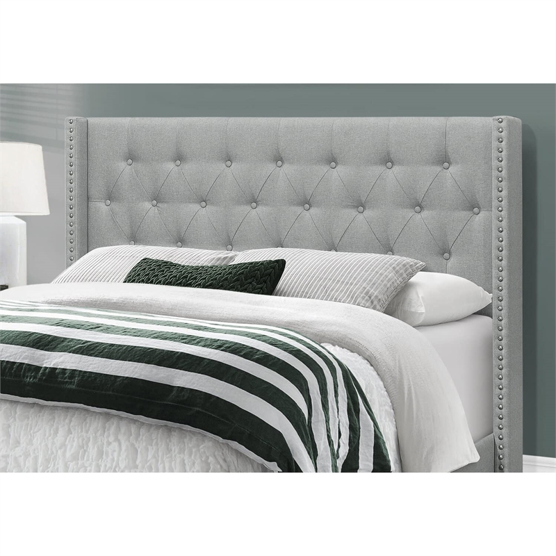Pemberly Row Queen Wingback Bed with Chrome Nailhead in Grey Linen Look