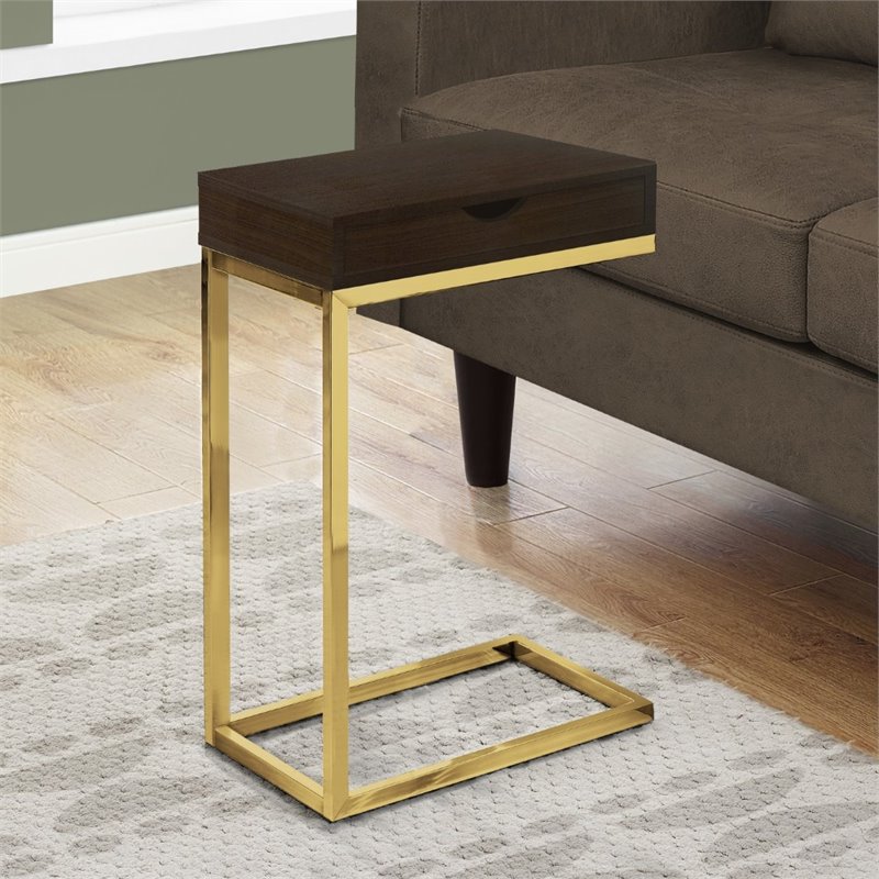 Pemberly Row C-Shaped Accent Table with Drawer in Walnut and Gold