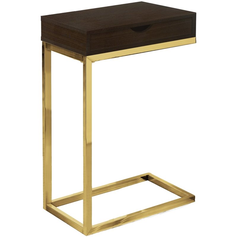 Pemberly Row C-Shaped Accent Table with Drawer in Walnut and Gold