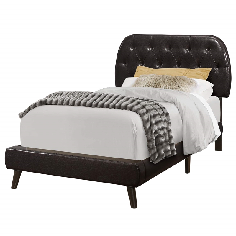 Pemberly Row Twin Low-Profile Tufted Bed with Retro Legs in Dark Brown