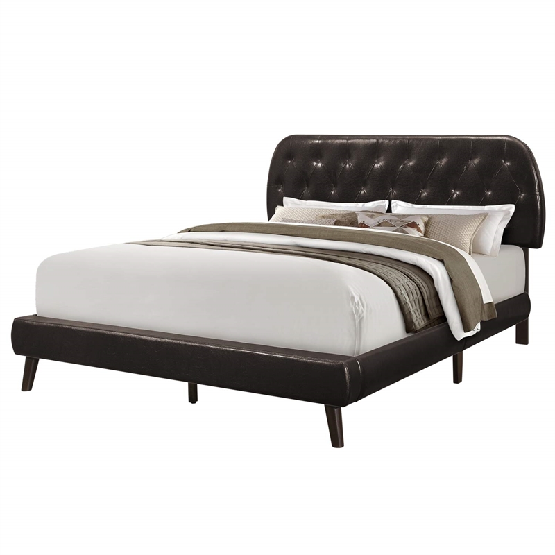 Pemberly Row Queen Low-Profile Tufted Bed with Retro Legs in Dark Brown