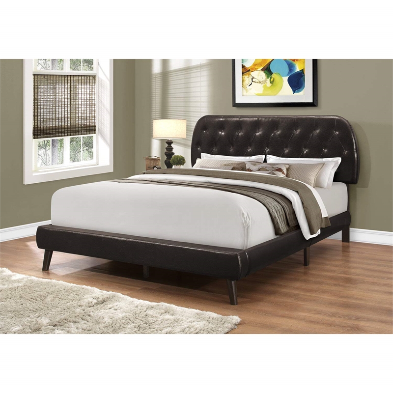 Pemberly Row Queen Low-Profile Tufted Bed with Retro Legs in Dark Brown