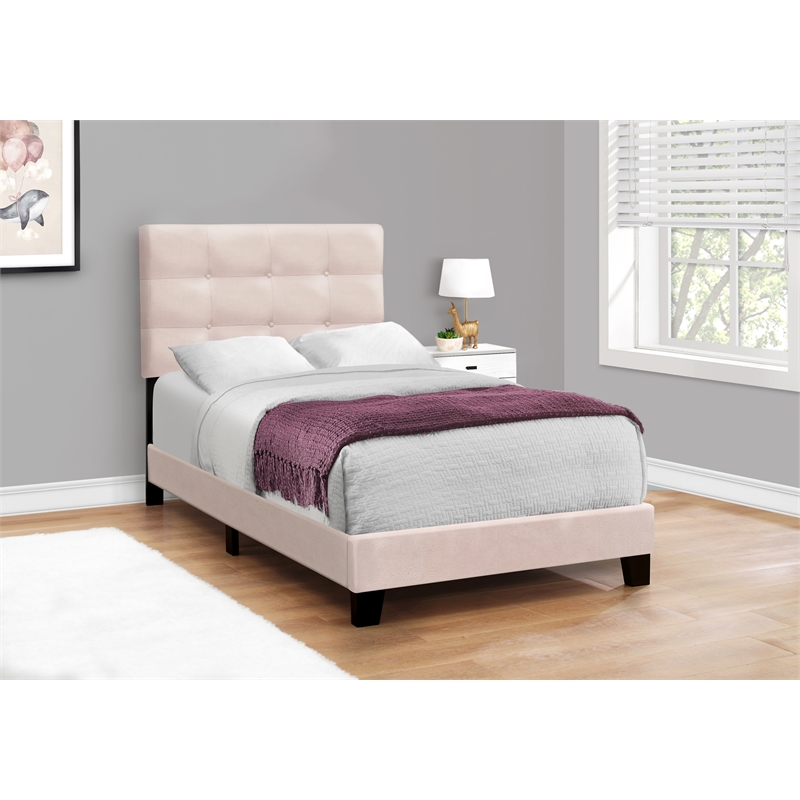 Pemberly Row Twin Tufted Platform Bed Frame in Pink Velvet 80.25
