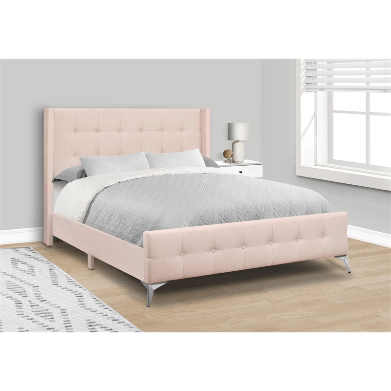 Pemberly Row Queen Upholstered Platform Bed with Tufting in Pink Velvet