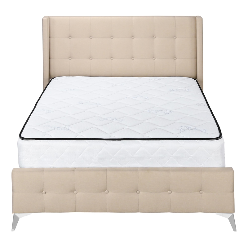 Pemberly Row Queen Upholstered Bed Frame with Button Tufted Wingback in Beige