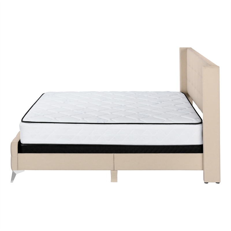 Pemberly Row Queen Upholstered Bed Frame with Button Tufted Wingback in Beige