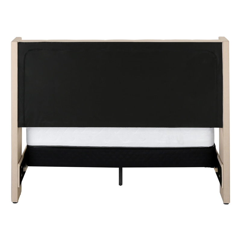 Pemberly Row Queen Upholstered Bed Frame with Button Tufted Wingback in Beige