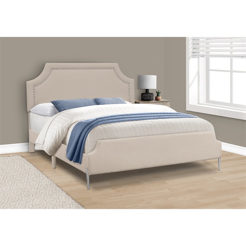 Pemberly Row Queen Upholstered Bed with Chrome Nailhead Trim in Beige