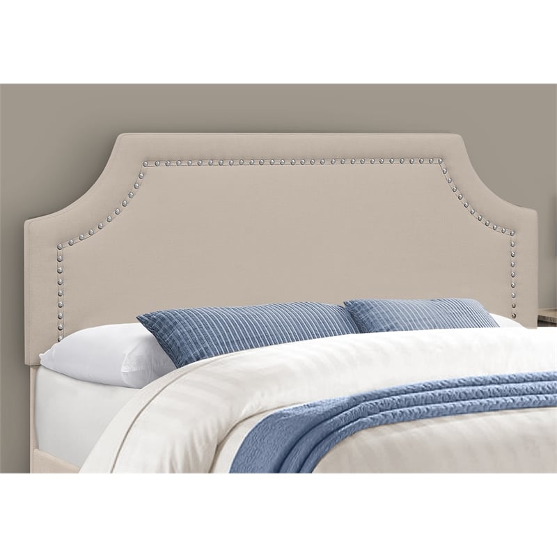 Pemberly Row Queen Upholstered Bed with Chrome Nailhead Trim in Beige