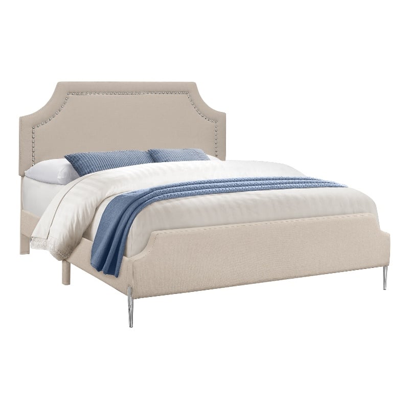 Pemberly Row Queen Upholstered Bed with Chrome Nailhead Trim in Beige