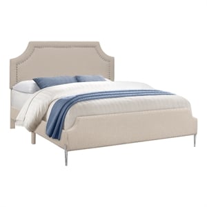 Pemberly Row Queen Upholstered Bed with Chrome Nailhead Trim in Beige