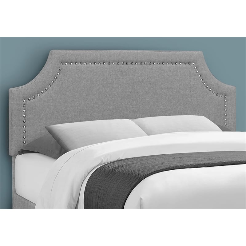 Pemberly Row Queen Upholstered Bed with Chrome Nailhead Trim in Gray