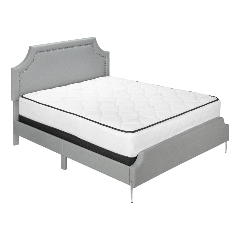 Pemberly Row Queen Upholstered Bed with Chrome Nailhead Trim in Gray