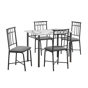 Pemberly Row 40&quot 5-Piece Dining Set in White Marble Look with Black Metal