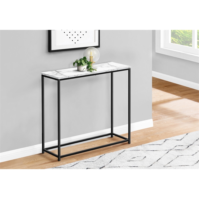 Pemberly Row Narrow Console Table with Black Metal Frame in White Marble Look