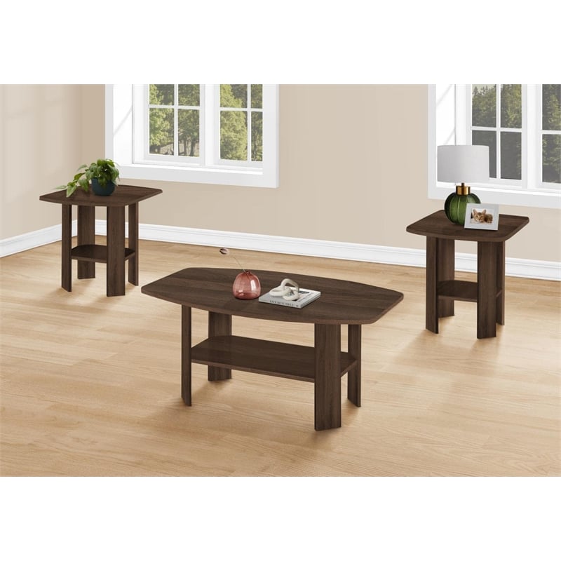 Pemberly Row 3-Piece Coffee Table Set with Lower Shelves in Dark Walnut