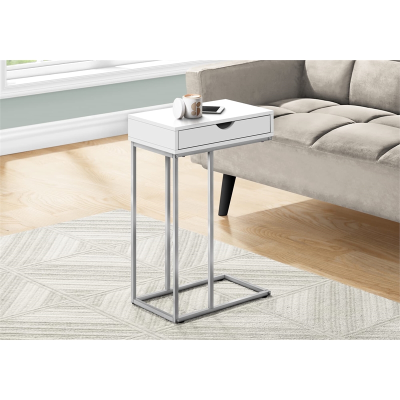 Pemberly Row C-Shaped Accent Table with Drawer in White Laminate