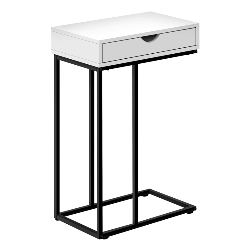 Pemberly Row C-Shaped Accent Table with Drawer in White and Black Metal