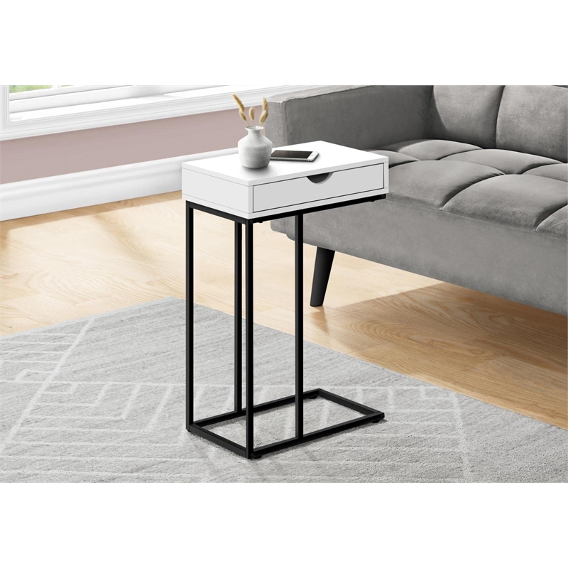 Pemberly Row C-Shaped Accent Table with Drawer in White and Black Metal