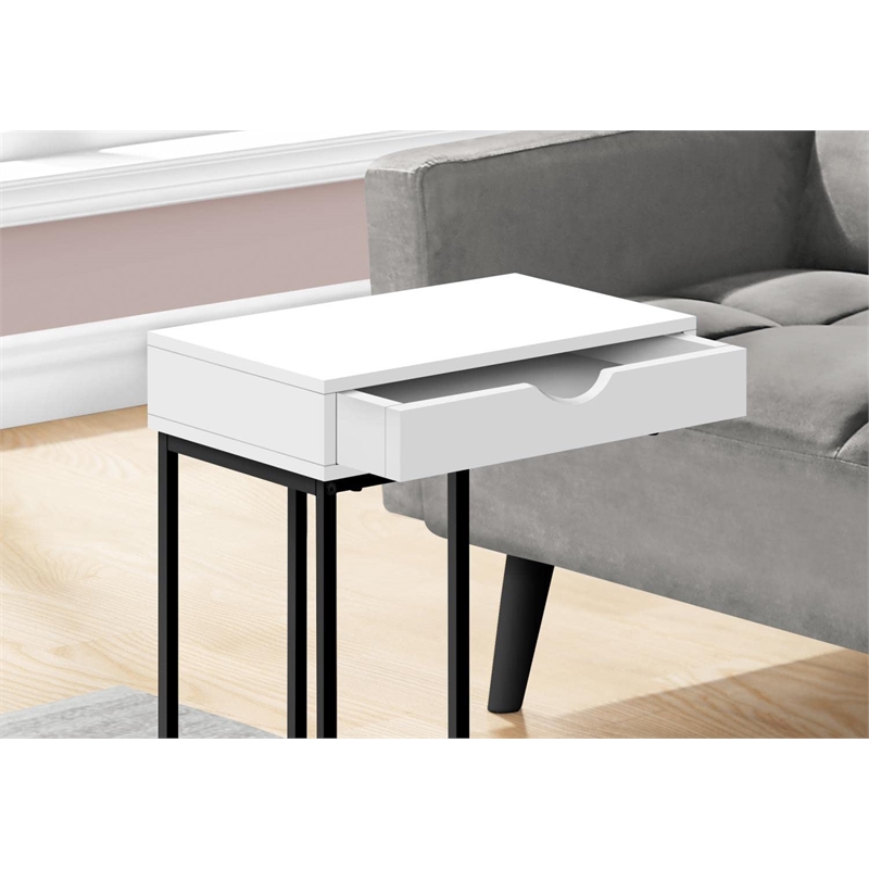 Pemberly Row C-Shaped Accent Table with Drawer in White and Black Metal