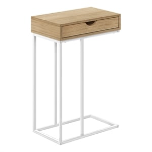 Pemberly Row C-Shaped Accent Table with Drawer in Natural and White Metal