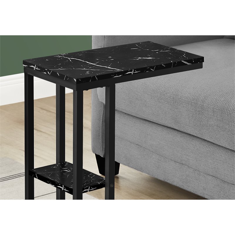 Pemberly Row C-Shaped Accent Table with Shelf in Black Marble Look