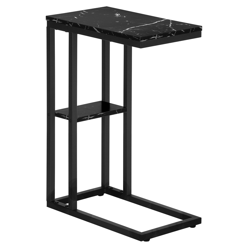 Pemberly Row C-Shaped Accent Table with Shelf in Black Marble Look