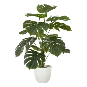 Pemberly Row 24&quot Artificial Monstera Plant with Real Touch Leaves in White Pot