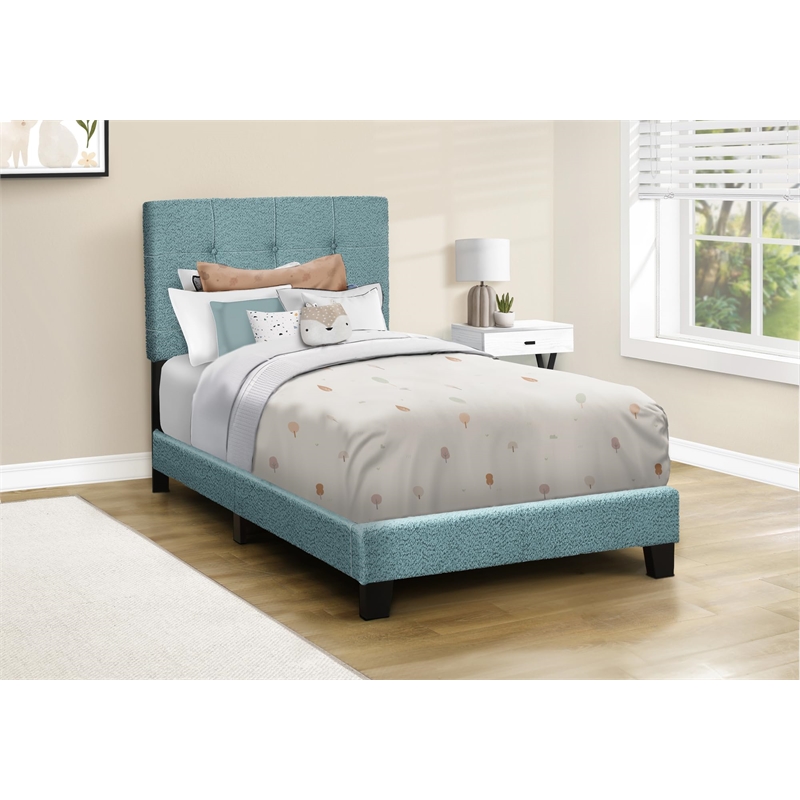 Pemberly Row Twin Upholstered Bed Frame in Blue Boucle with Tufted Headboard