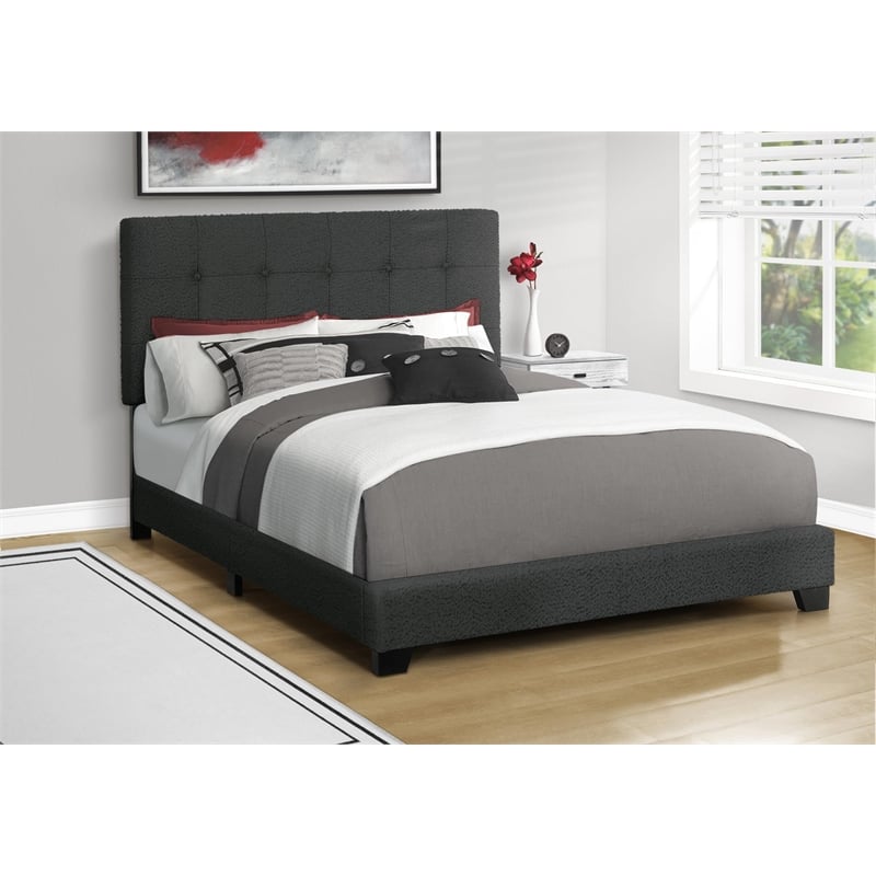 Pemberly Row Queen Upholstered Bed Frame in Black Boucle with Tufted Headboard