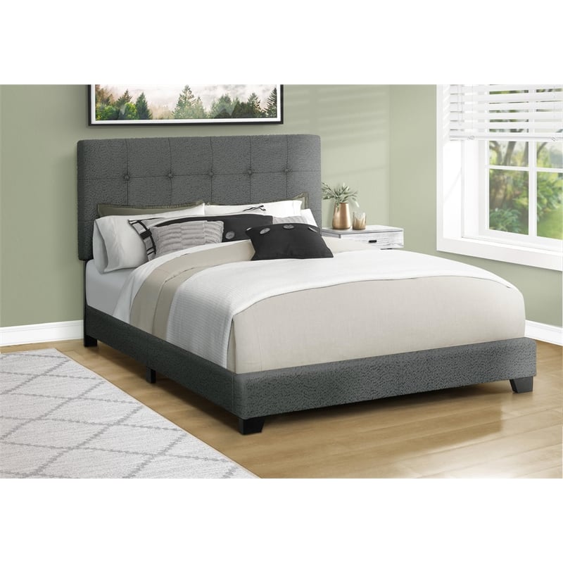 Pemberly Row Queen Upholstered Bed Frame in Gray Boucle with Tufted Headboard