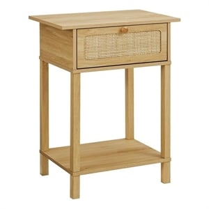 Pemberly Row 24&quot Natural Laminate 2-Tier Side Table with Rattan Cubby Door