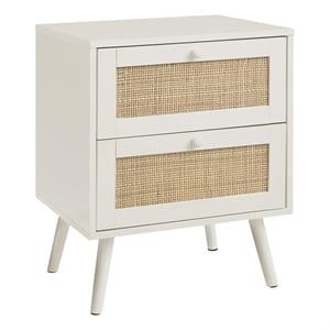 Pemberly Row 24&quot White Laminate Boho Side Table with 2 Rattan Panel Drawers