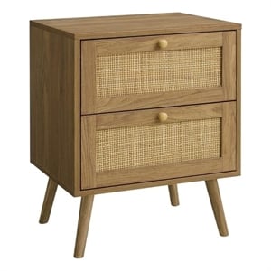 Pemberly Row 24&quot Walnut Laminate Boho Side Table with 2 Rattan Panel Drawers