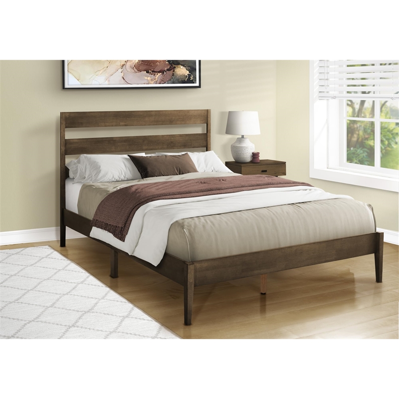 Pemberly Row Queen Platform Bed Frame with Walnut Wood Legs & Slatted Headboard