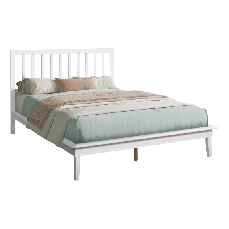Pemberly Row Queen Platform Bed Frame in White with Wood Legs and Slatted Design