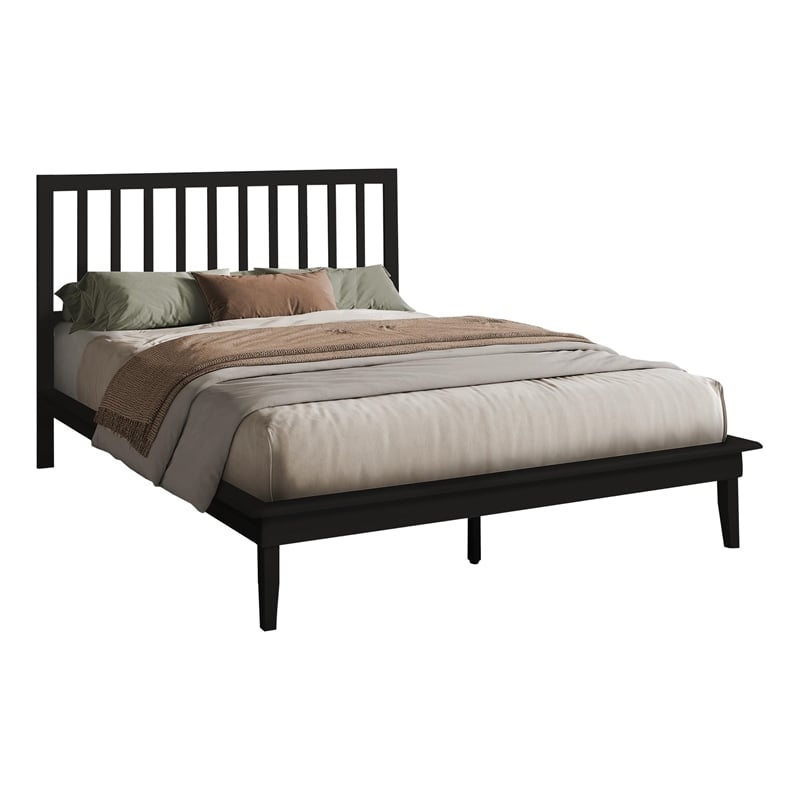 Pemberly Row Queen Platform Bed Frame in Black with Wood Legs and Slatted Design