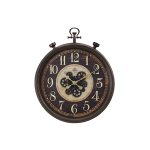 Pemberly Row 24&quot Round Pocket Watch Wall Clock with Moving Gears in Brown